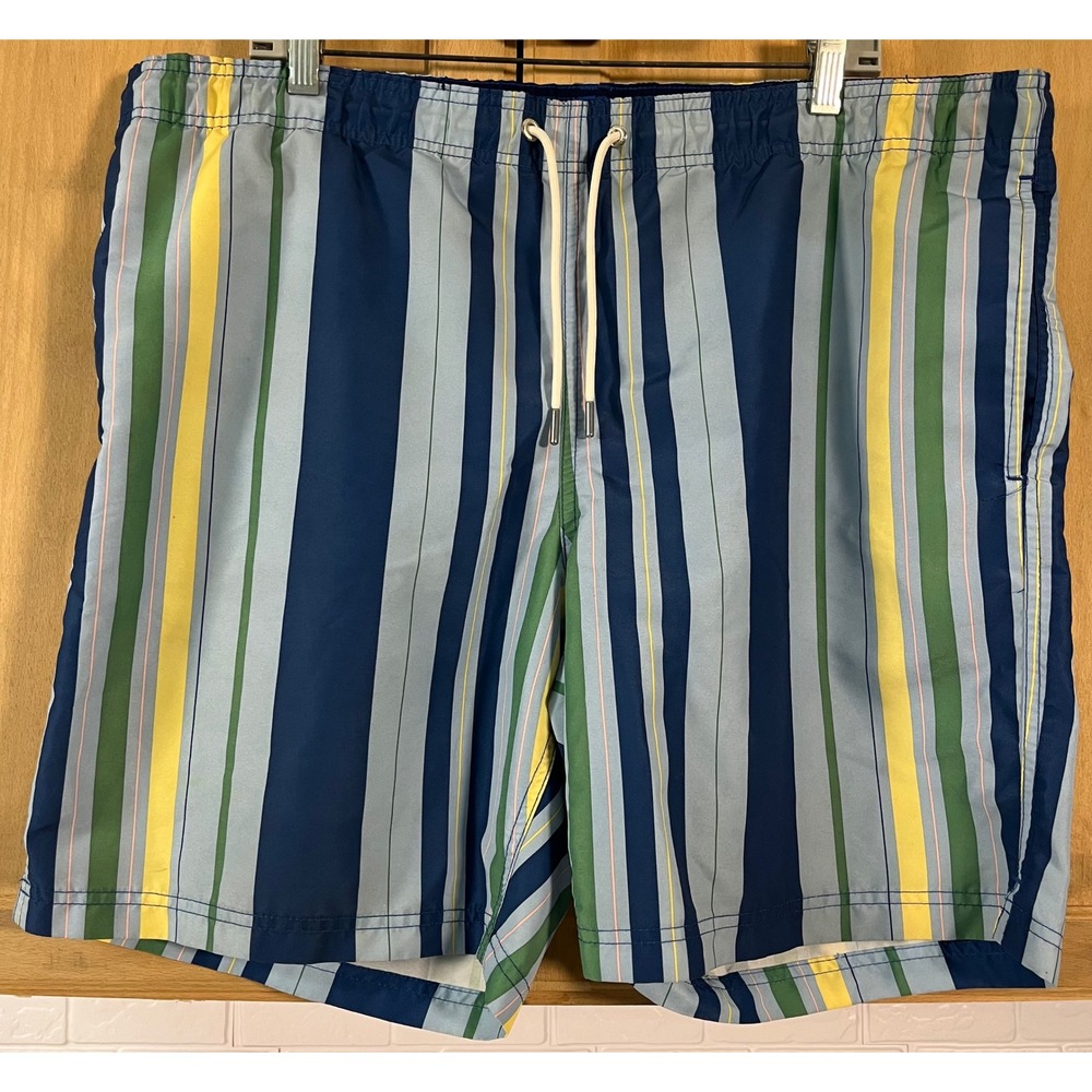 Lands' End Swim Trunks Men L Blue Green Yellow Striped Board Shorts